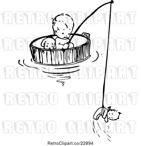Vector Clip Art of Retro Baby Floating and Fishing in a Barrel