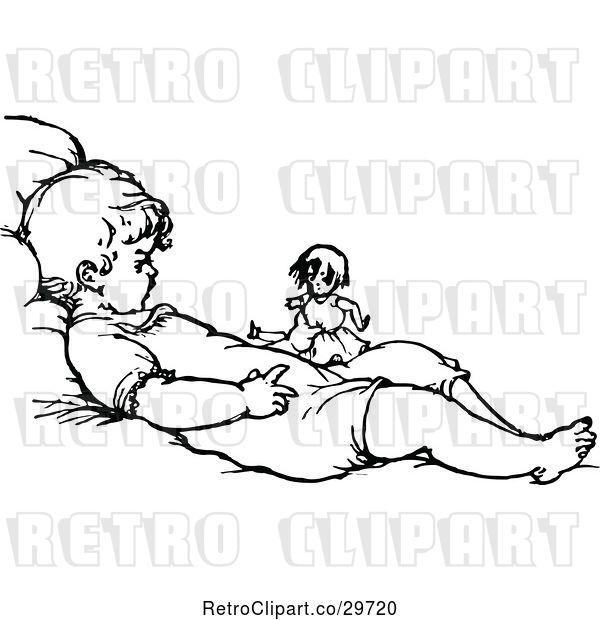 Vector Clip Art of Retro Baby Playing with a Doll