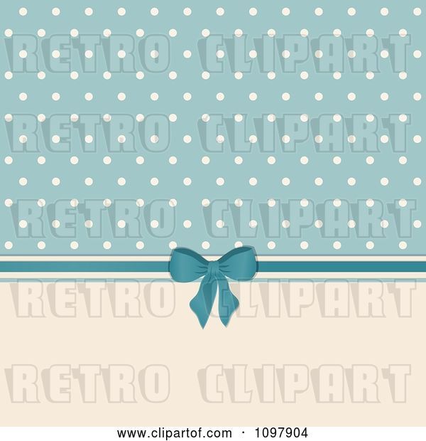 Vector Clip Art of Retro Background of Beige Polka Dots on Blue with a Bow and Ribbon