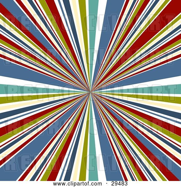 Vector Clip Art of Retro Background of Bursting White, Green, Yellow, Blue and Red Lines Emerging from the Center