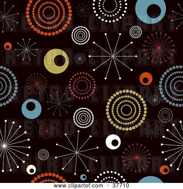 Vector Clip Art of Retro Background of Colorful Bursts and Circles on Black