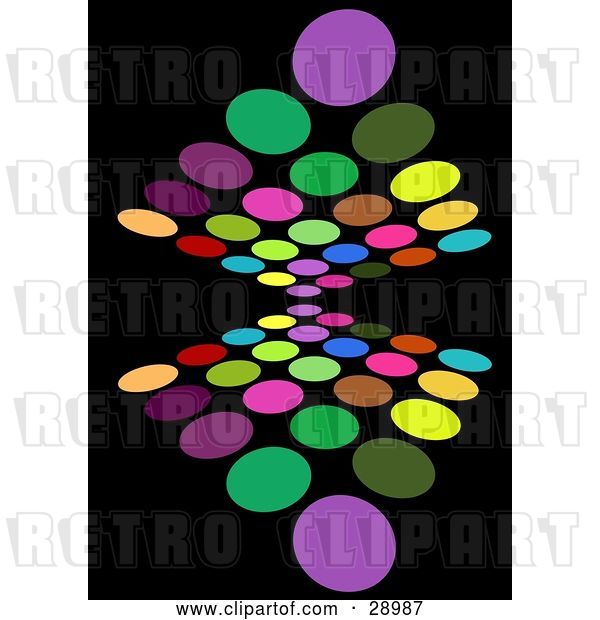 Vector Clip Art of Retro Background of Colorful Purple, Green, Yellow, Orange, Blue, Red and Pink Circles Reflecting on Black