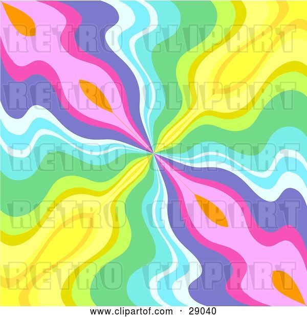 Vector Clip Art of Retro Background of Pink, Purple, Blue, Green and Yellow Waves Spanning out from the Center
