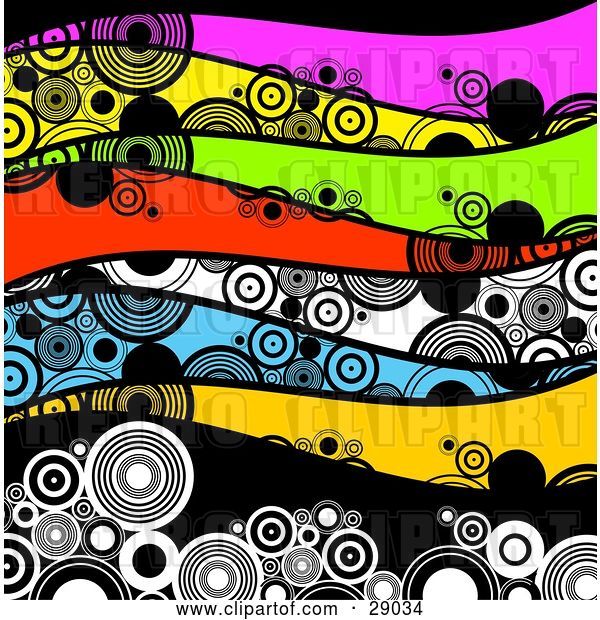 Vector Clip Art of Retro Background of Waves of Circles on Pink, Yellow, Green, Red, White, Blue and Black Waves