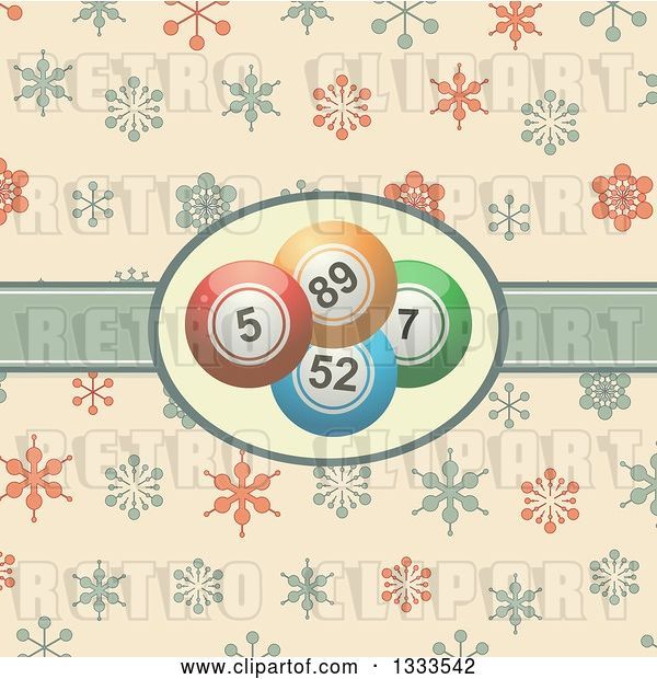 Vector Clip Art of Retro Background with Bingo Balls in a Ribbon Label over Snowflakes