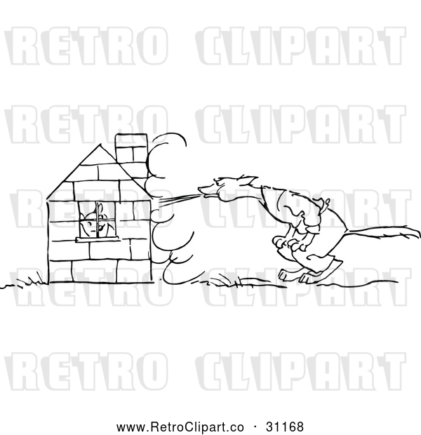 Vector Clip Art of Retro Bad Wolf Trying to Blow down a Pigs House of Bricks