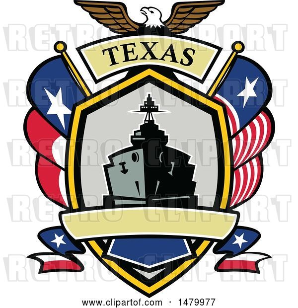 Vector Clip Art of Retro Bald Eagle Crest with a Battle Ship, State and Texas Navy Flags Flags