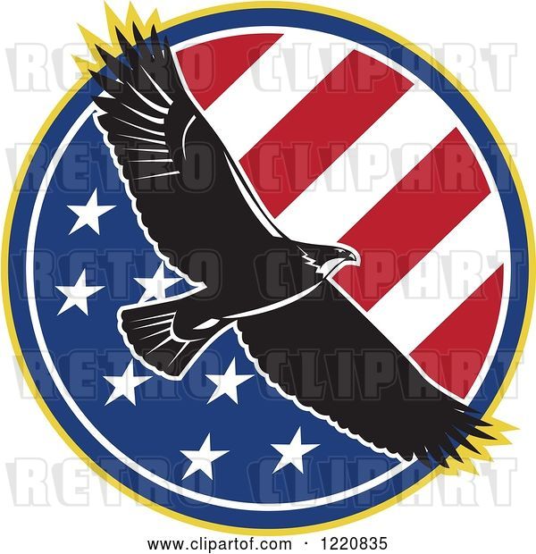 Vector Clip Art of Retro Bald Eagle Flying over an American Flag Circle