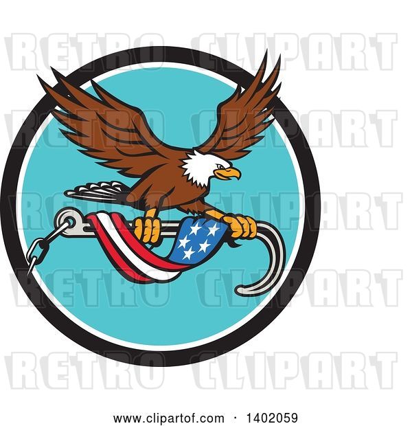 Vector Clip Art of Retro Bald Eagle Flying with a Towing J Hook and an American Flag Banner