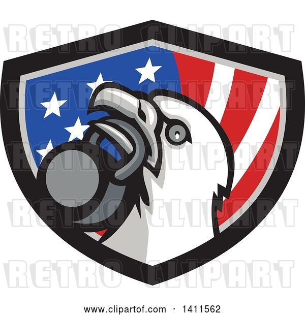 Vector Clip Art of Retro Bald Eagle Head Holding a Kettlebell in His Beak over a Patriotic Shield