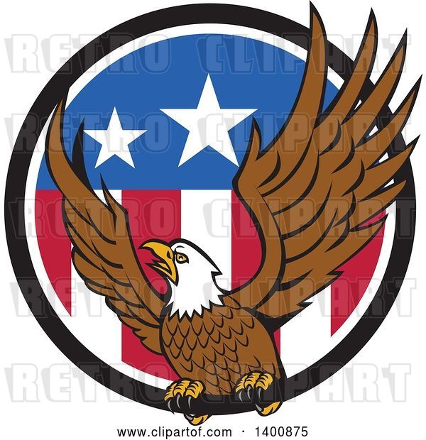 Vector Clip Art of Retro Bald Eagle Landing in an American Flag Circle