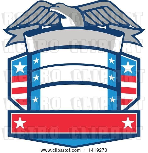 Vector Clip Art of Retro Bald Eagle over a Shield with Blank Banners