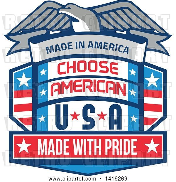 Vector Clip Art of Retro Bald Eagle over a Shield with Made in America Choose American Usa Made with Pride Text