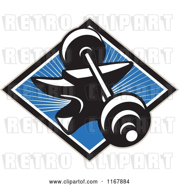 Vector Clip Art of Retro Barbell Resting on an Anvil in a Diamond of Rays on Blue