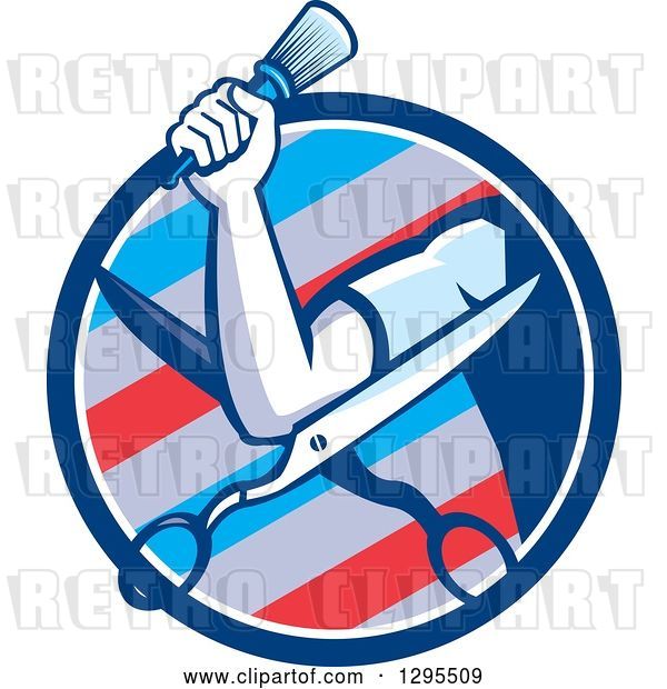 Vector Clip Art of Retro Barber Arm Holding a Brush over Scissors in a Barber Pole Circle