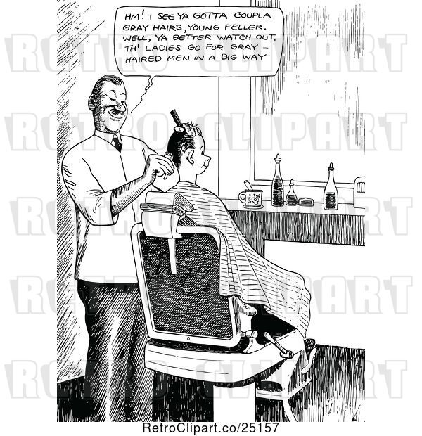 Vector Clip Art of Retro Barber Discussing Gray Hairs