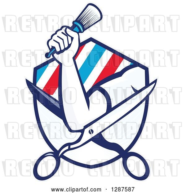 Vector Clip Art of Retro Barber's Hand Holding a Brush on Open Scissors in a Ray and Stripe Shield