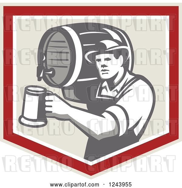 Vector Clip Art of Retro Bartender Guy Pouring a Beer from a Keg in a Shield