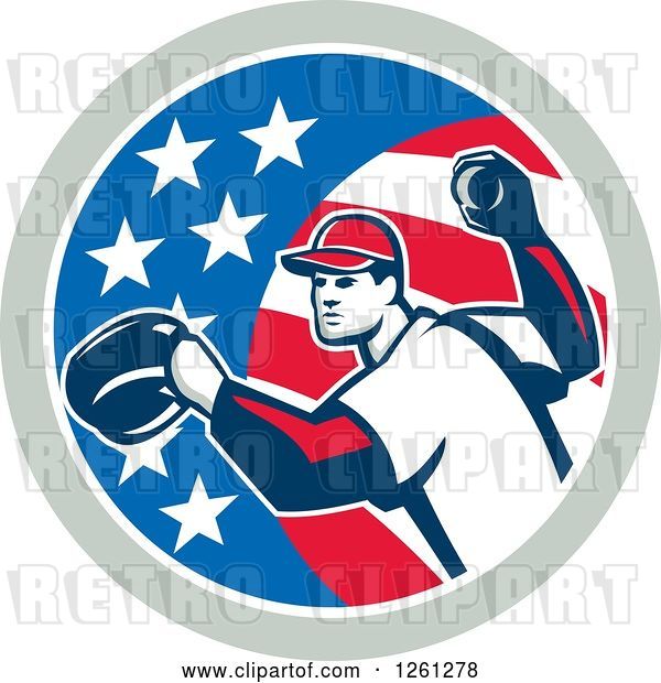 Vector Clip Art of Retro Baseball Pitcher Throwing in an American Flag Circle