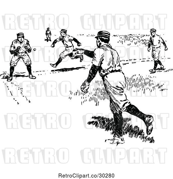 Vector Clip Art of Retro Baseball Player Running for a Base As a Ball Is Thrown