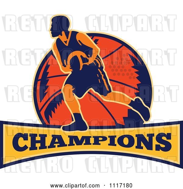 Vector Clip Art of Retro Basketball Player Athlete over a Ball and Banner with CHAMPIONS Text
