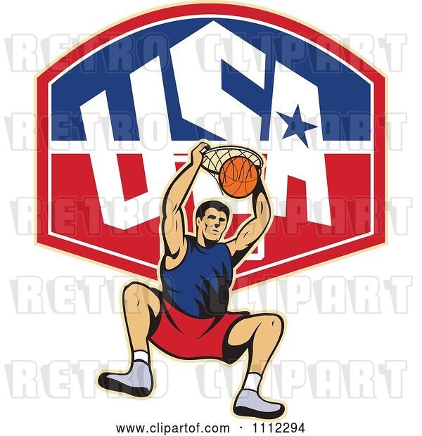 Vector Clip Art of Retro Basketball Player Dunking the Ball over a USA Backboard
