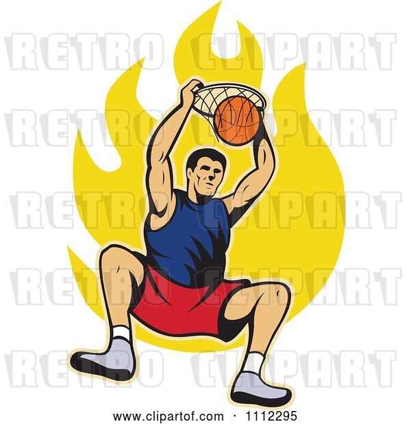 Vector Clip Art of Retro Basketball Player Dunking the Ball over Flames