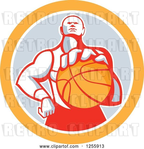 Vector Clip Art of Retro Basketball Player Holding out a Ball in a Gray and Orange Circle