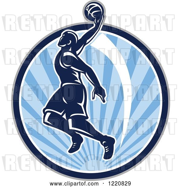 Vector Clip Art of Retro Basketball Player Jumping for a Slam Dunk over a Circle of Blue Sunshine