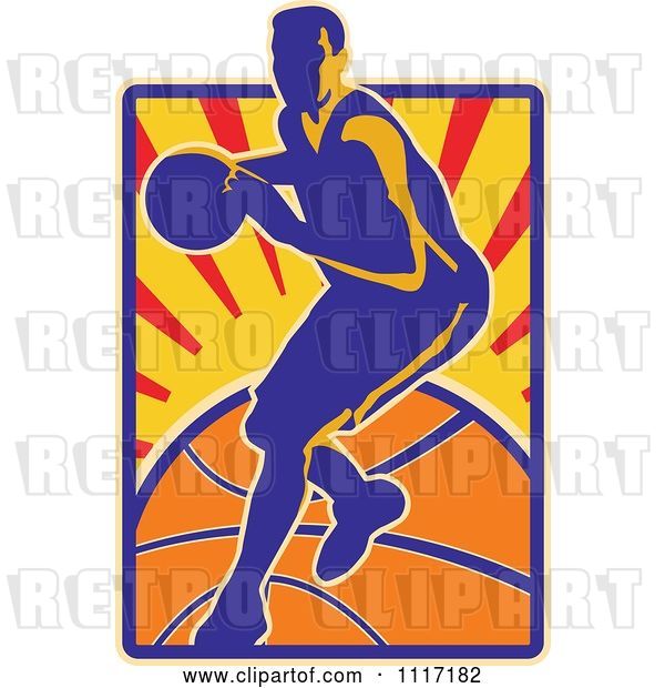 Vector Clip Art of Retro Basketball Player over Rays and a Ball