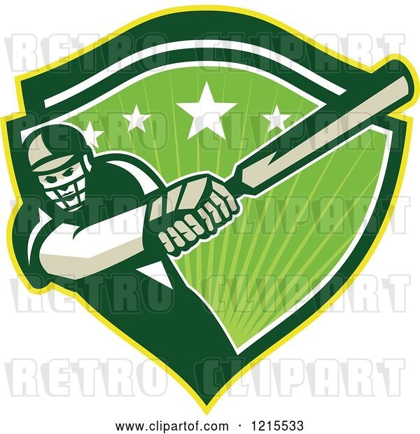 Vector Clip Art of Retro Batsman Cricket Player Swinging in a Green Shield with Stars and Sunshine