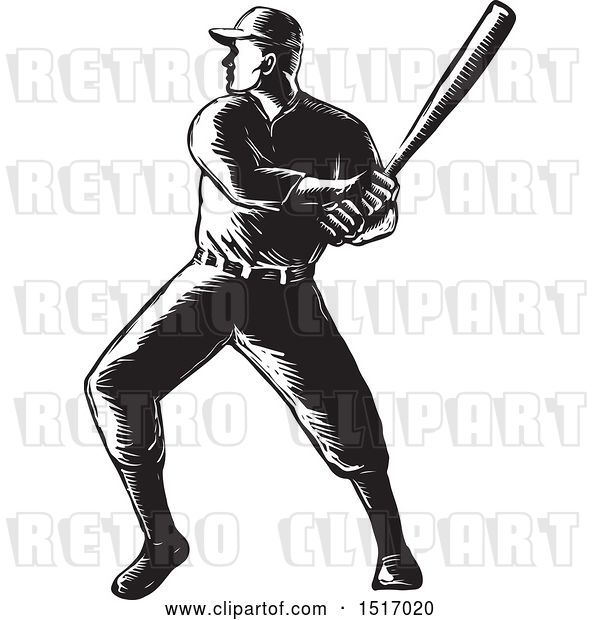 Vector Clip Art of Retro Batting Baseball Player, in Woodcut