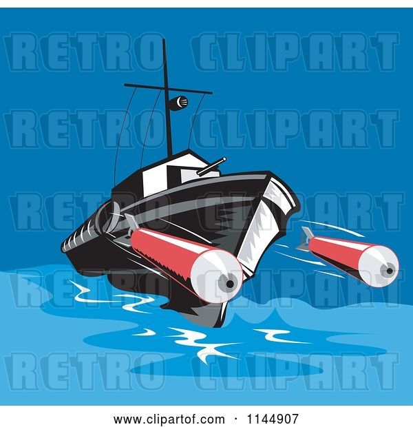 Vector Clip Art of Retro Battleship Launching Torpedoes