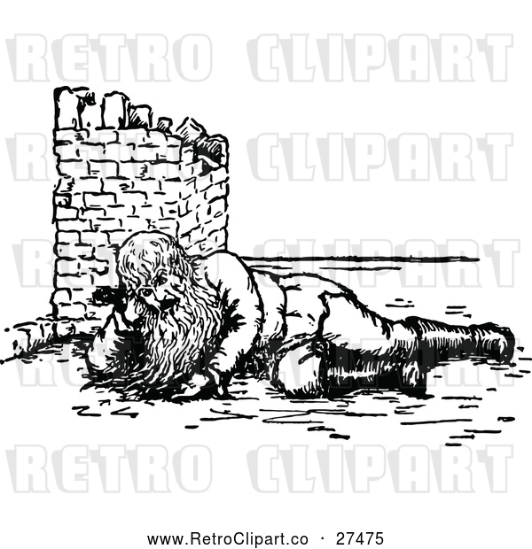 Vector Clip Art of Retro Bearded Man Resting in Ruins