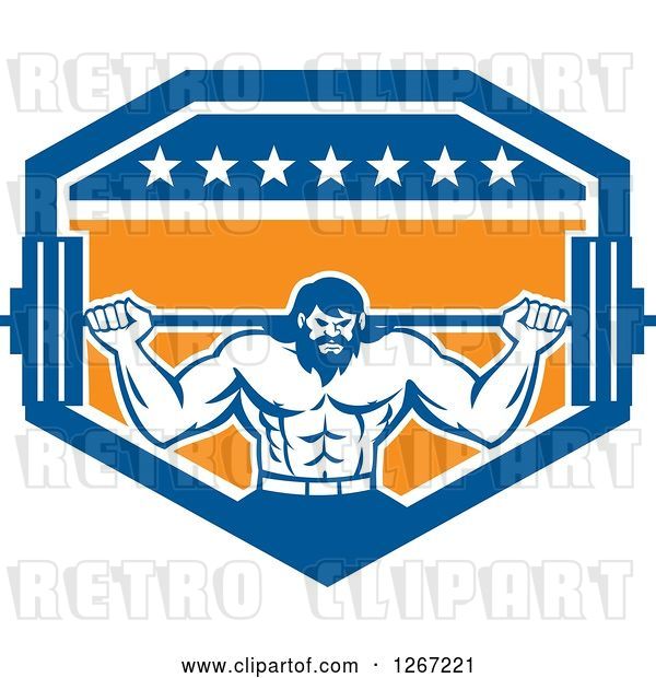 Vector Clip Art of Retro Bearded Muscular Male Bodybuilder Squatting with a Barbell in a Blue White and Orange Shield