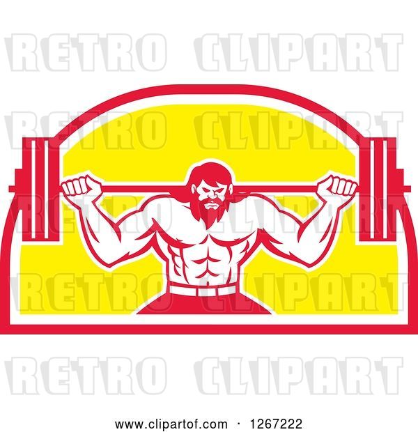 Vector Clip Art of Retro Bearded Muscular Male Bodybuilder Squatting with a Barbell in a Red White and Yellow Shield
