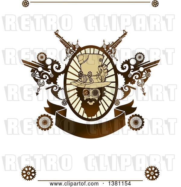 Vector Clip Art of Retro Bearded Steampunk Guy in an Oval Frame with Gears and a Banner