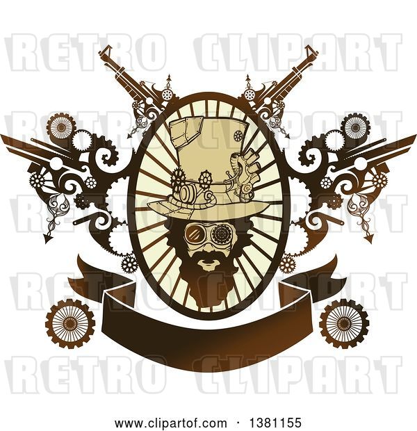 Vector Clip Art of Retro Bearded Steampunk Guy in an Oval Ray Frame with Gears and a Banner