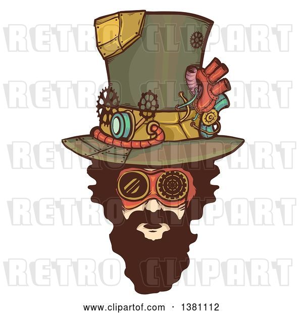 Vector Clip Art of Retro Bearded White Steampunk Mans Face Wearing a Top Hat
