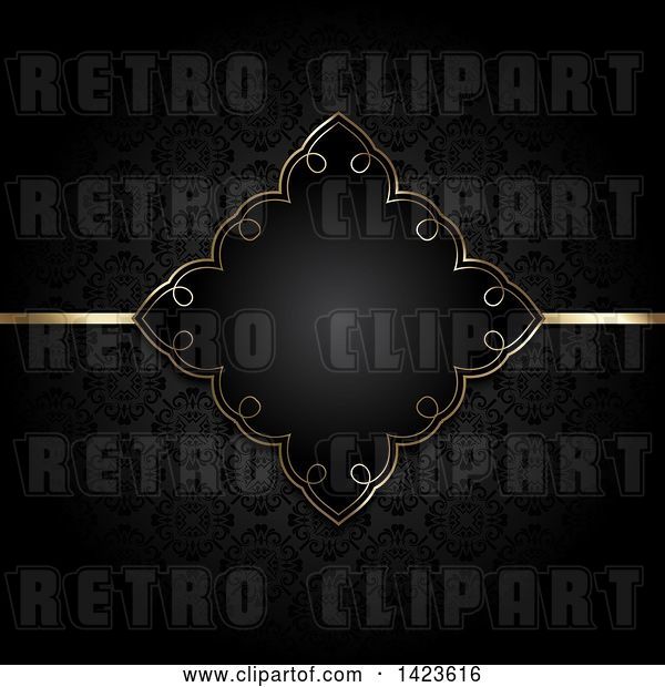 Vector Clip Art of Retro Beautiful Golden Diamond Shaped Invitation Frame and Line over a Black Pattern