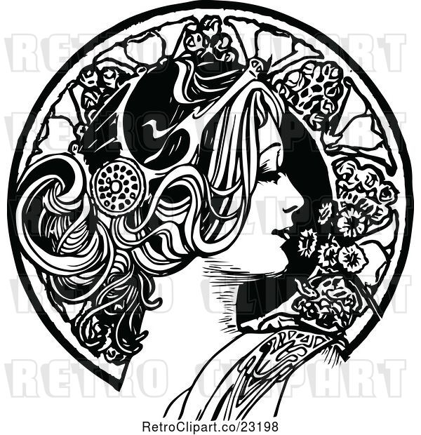 Vector Clip Art of Retro Beautiful Lady in Profile and Floral Circle