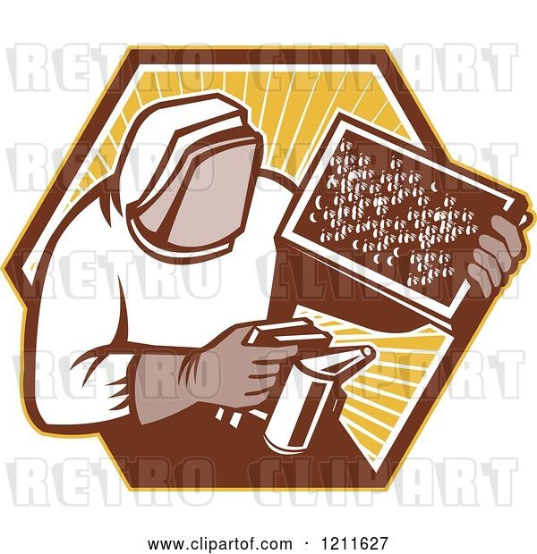 Vector Clip Art of Retro Bee Keeper Holding a Smoker and Frame over an Octagon of Rays