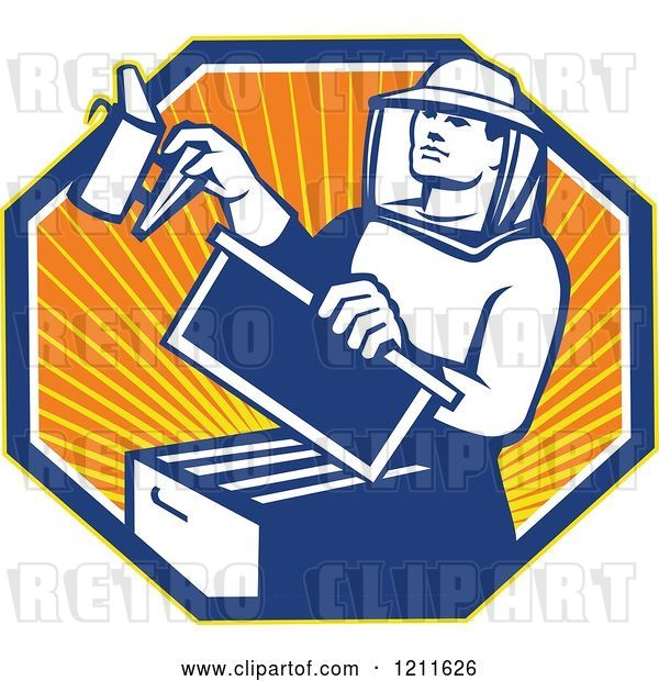 Vector Clip Art of Retro Bee Keeper Holding a Smoker over an Octagon of Rays