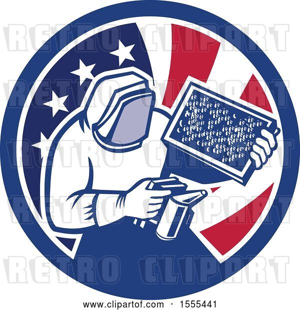 Vector Clip Art of Retro Beekeeper Smoking out a Hive in an American Flag Circle