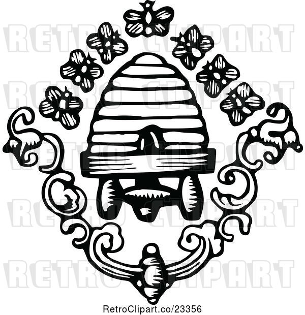Vector Clip Art of Retro Bees and Hive