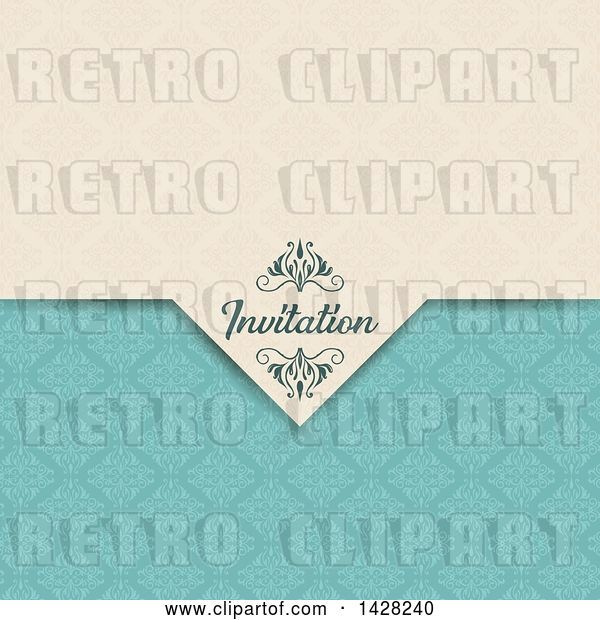 Vector Clip Art of Retro Beige and Turquoise Damask Patterned Invitation Design with Text