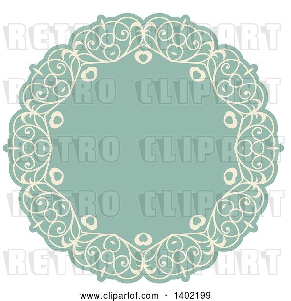 Vector Clip Art of Retro Beige and Turquoise Fancy Round Label Design Element with Hearts