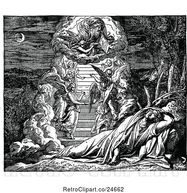 Vector Clip Art of Retro Biblica Scene of Jacobs Dream with Angels Ascending and Descending