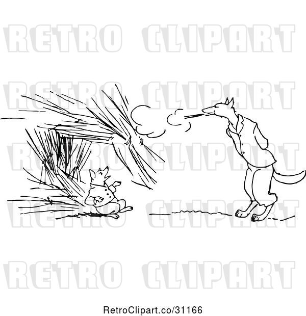 Vector Clip Art of Retro Big Bad Wolf Blowing down a Pigs House of Straw