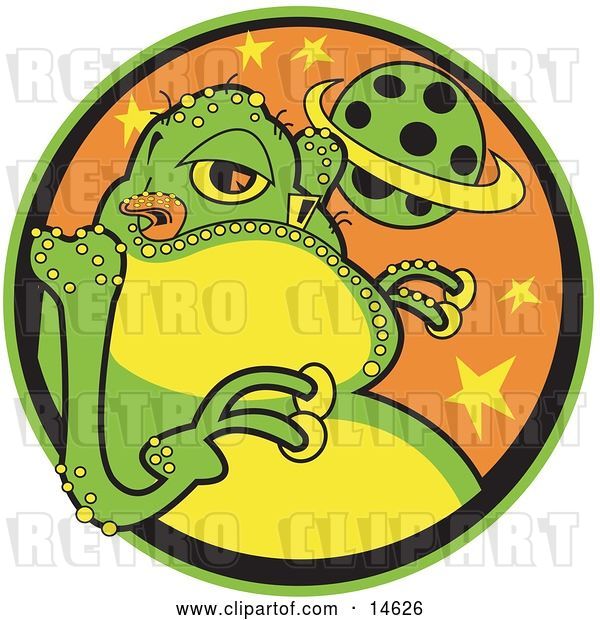Vector Clip Art of Retro Big Fat Green Alien with a Yellow Belly and Yellow Suction Fingers, Licking His Lips